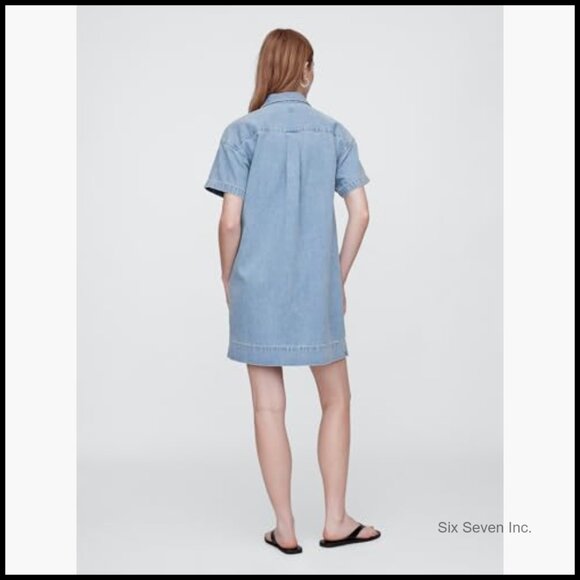 Denim Popover Mini Dress Casual Comfortable Fit Machine Washable - Picture 2 of 6